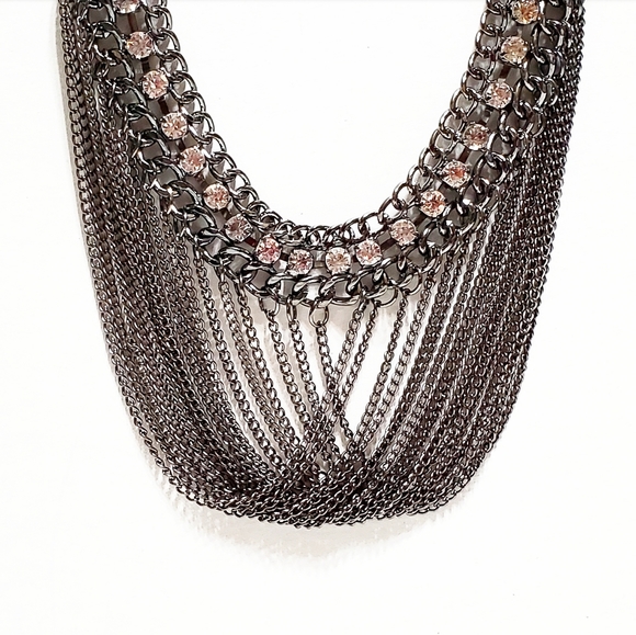 Jewelry - Necklace: Edgy Looking Multi Strand Chain with Crystals Gunmetal Color